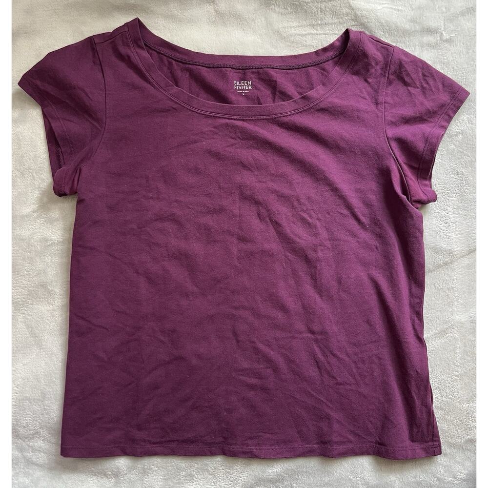 Eileen Fisher Large Stretch Organic Cotton Scoop Neck Cap Sleeve Tee Purple USA
